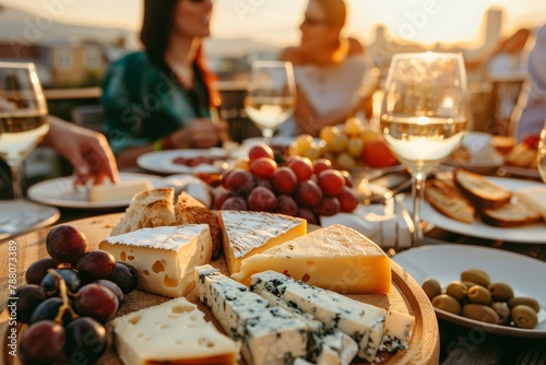 Visitors enjoy cheese and wine at rooftop restaurant during sunset Tables are set with cheese bread and wine for guests photo