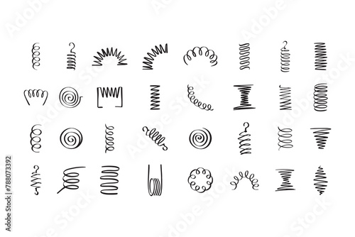 Drawing spiral set. Hand drawn Metal coil spiral icons. Doodle flexible coils, wire spring symbols 