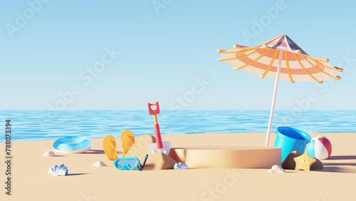 Fototapeta Naklejka Na Ścianę i Meble -  3D render, minimal Summer background with empty podium or pedestal platform for showing product, cosmetic scene for mock up, beach swim elements decoration.