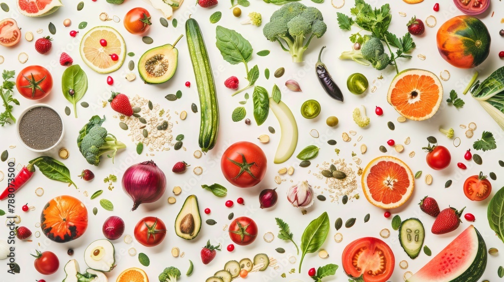 flat lay healthy food, fruits, vegetables, seeds, superfood, cereal, leaf vegetable, white background, 16:9 flat lay healthy food, fruits, vegetables, seeds, superfood, cereal, leaf vegetable, white background, 16:9