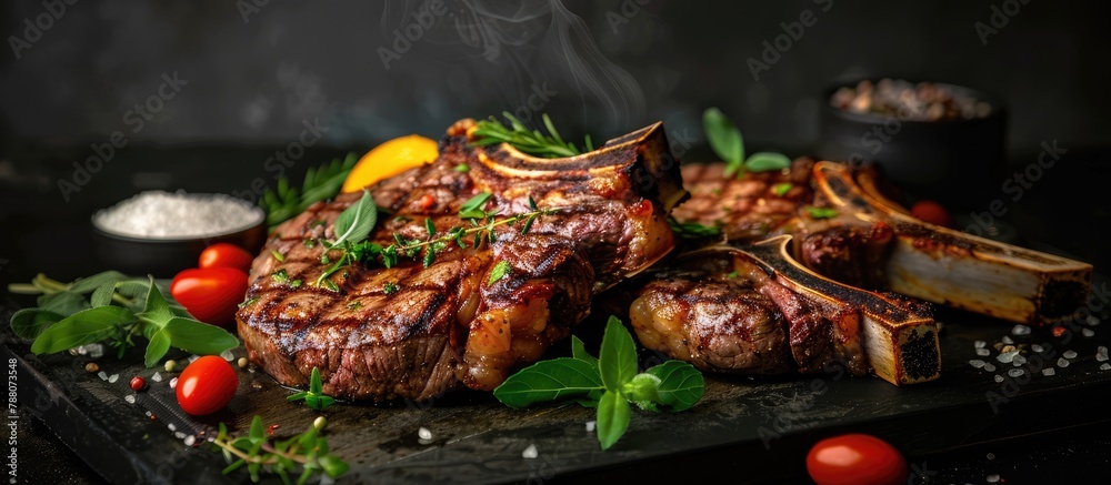 Grilled T-bone steaks accompanied by fresh herbs and vegetables against a dark backdrop