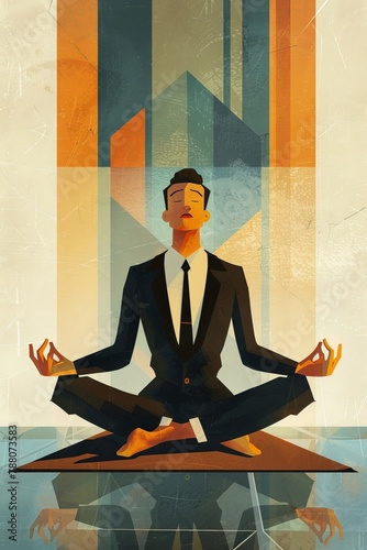 A businessthemed poster showcasing a simple character illustration, engaged in yoga, highlighting balance in work and life photo