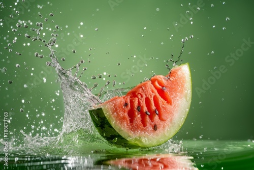 Water splashing on watermelon slice on green background