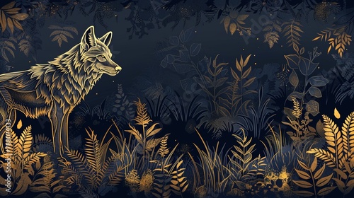 Stunning luxury background with a wolf crafted in fine golden line art, its form blending seamlessly with the delicate woodland details that evoke a serene atmosphere