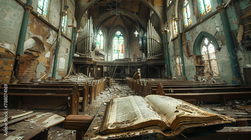 Post-apocalyptic church interior with a focus on a weathered hymn book photo