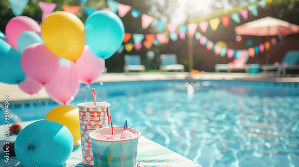 Obraz premium Preparing for a birthday party in the summer by the pool