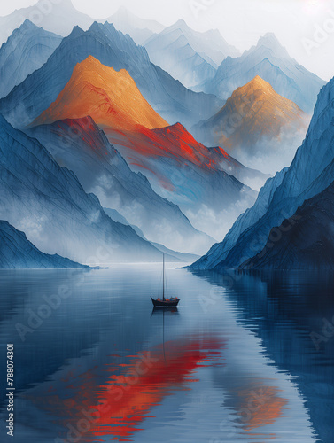 Barca in un lago. Colori del tramonto. Tranquillità photo