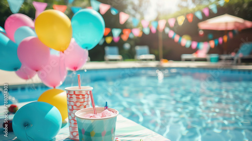 Preparing for a birthday party in the summer by the pool photo