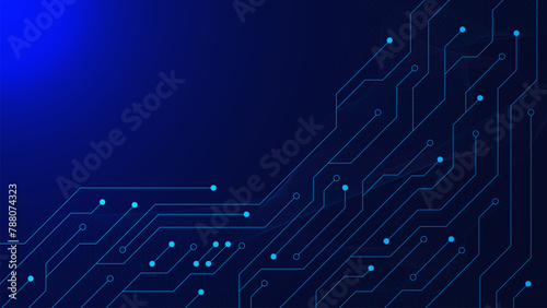 Modern technology circuit board. Abstract Scifi PCB trace data transfer with wave flow on dark blue background.