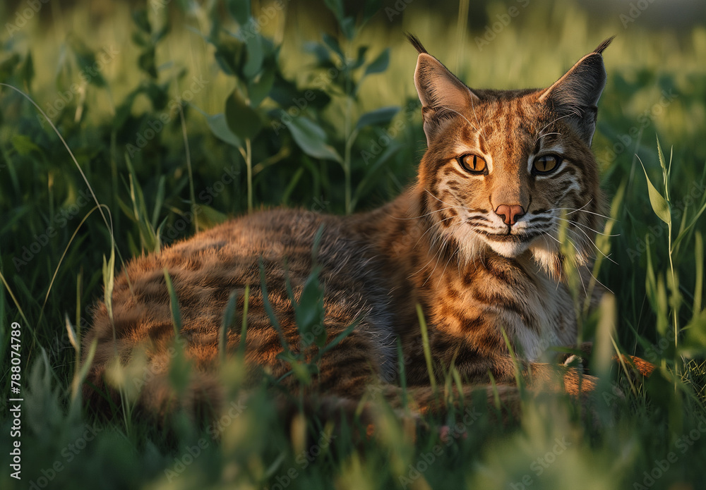 A wild bobcat lounges in a lush green field, its gaze fixed and alert as the setting sun casts a golden light over its spotted fur.