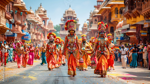 Kathakali dancers walk during the festival. Indian classical dance of Kerala