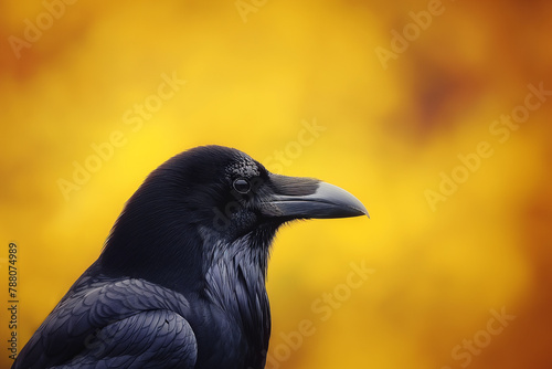 A captivating close-up of a raven  its glossy black feathers contrasted against a blurred background of golden autumn leaves.