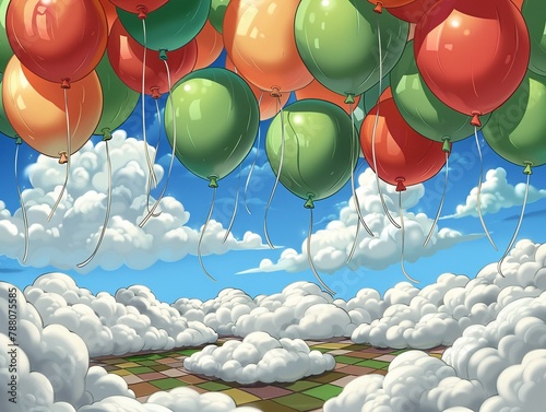 A forest of helium balloons, each tethered to a dream, floating above a dance floor made of clouds , no contrast