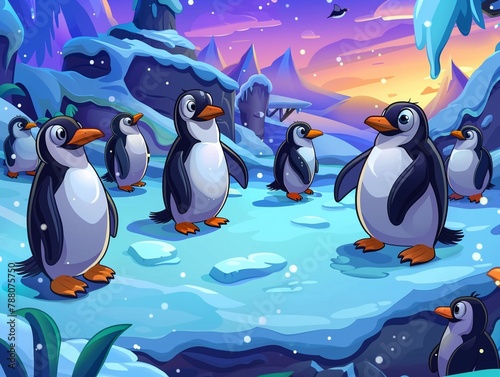 A group of penguins waddle comically on a snowy patch, their black and white tuxedos stark against the icy blue , high detailed photo