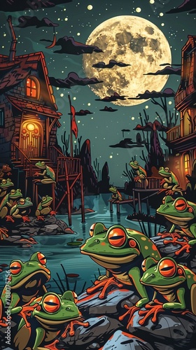 A group of frogs organizes a lakeside opera, with performances every full moon , professional color grading
