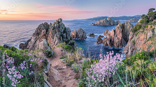 Serene sunset over the rugged coastal cliffs with blooming wildflowers