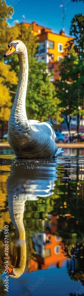 a swan glides past, its elegance a serene pause in the urban daytime hustle 