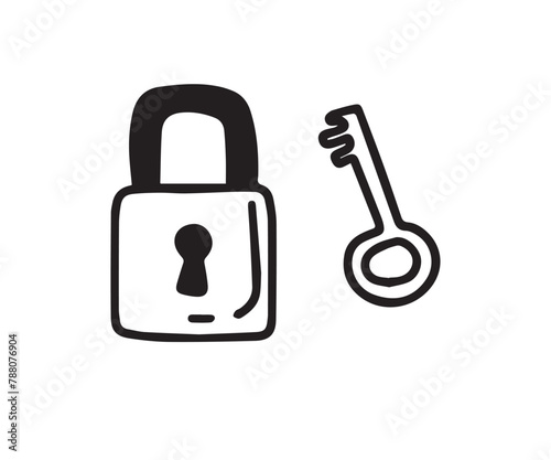 doodle lock and key. Hand drawn sketch style. Protection, Isolated key to solving the problem