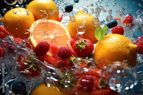 Assorted fruits of orange  berries  grapefruit  lemon  strawberry falling into clear water 