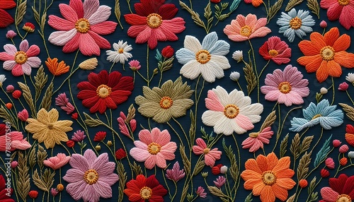 Cosmos Flower Pattern Embroidery Art