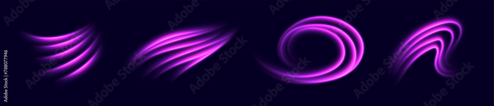 Pink speed lines, light in motion, glowing light trails. Bright motion effect, luminescent swirls. Vector decoration. Pink speed lines, light in motion, glowing light trails. Bright motion effect, luminescent swirls. Vector decoration.