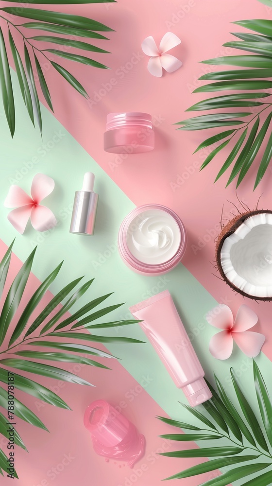 Skincare jar cream and bottle container coconut extract treatment lotion or facial wash mockup Skincare jar cream and bottle container coconut extract treatment lotion or facial wash mockup