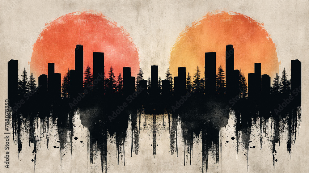 Obraz premium A city skyline with two large red suns in the background