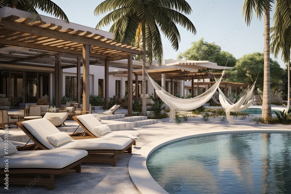 Resort-Style Patio Paradise: Laid-Back Luxury with Hammock and Poolside Loungers