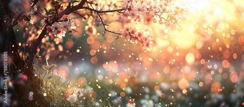 Background of blooming spring, featuring a beautiful natural setting with a blossoming tree, sun glare, vibrant spring flowers, and an enchanting orchard. The scene is abstract and blurred, © Vusal
