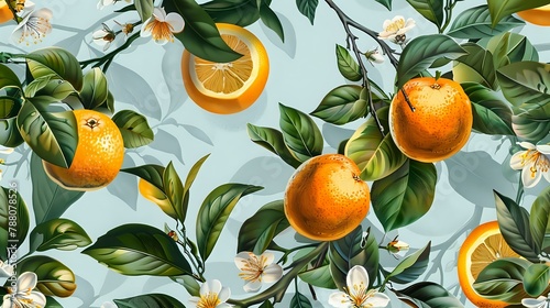 Orange tree with white flowers and green leaves on a light blue backdrop