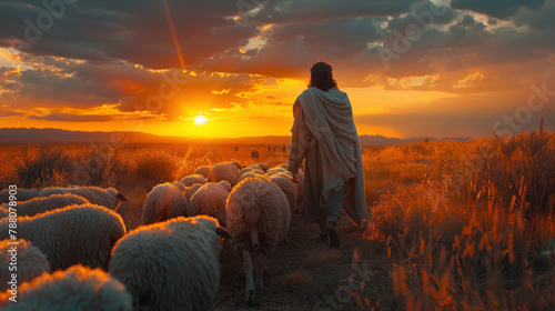 A Bible scene depicts Jesus as a shepherd with his flock of sheep during sunset. photo
