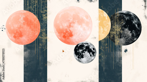 A painting of four different colored moons, with one of them being red