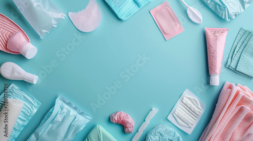 Menstruation female period, feminine menstrual care illustration, world menstrual hygiene day 28 may , space for text , tampon, pads, menstrual cup photo