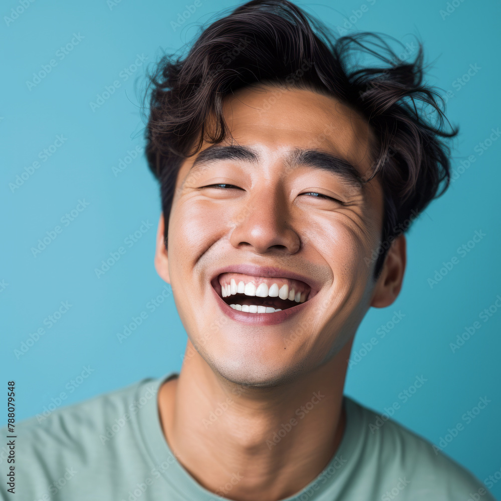 Portrait of a happy South Korean man on a blue background and smiling at the camera Portrait of a happy South Korean man on a blue background and smiling at the camera