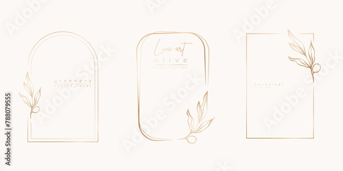 Botanical line art illustration set of olive leaves, branch frames for wedding invitation and cards, logo design, web, social media and posters template. Elegant minimal style floral vector isolated.