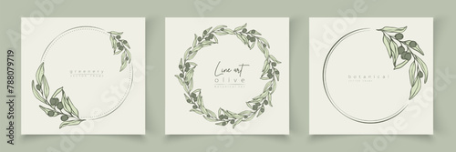 Botanical line art illustration set of olive leaves, branch frames for wedding invitation and cards, logo design, web, social media and posters template. Elegant minimal style floral vector isolated.