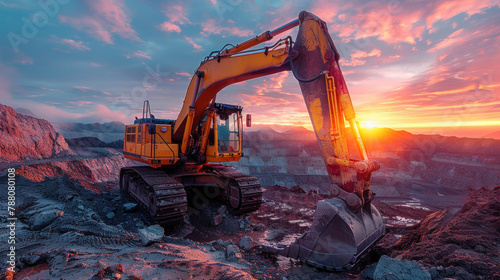 An excavator works in a sandpit, carrying out earthmoving tasks at the construction site.