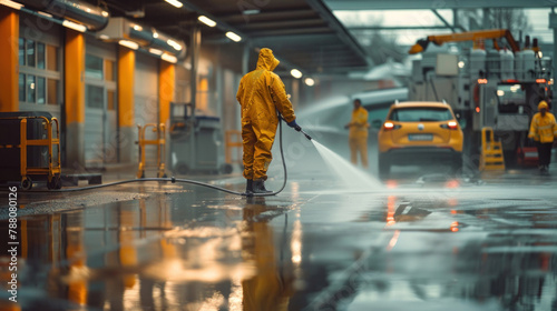Cleaning staff use high-pressure water jets to wash a portable car and clean the concrete floor.