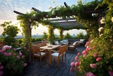 Green Oasis: Lush Rooftop Garden with Flower Beds, Pergola & Stylish Outdoor Furniture