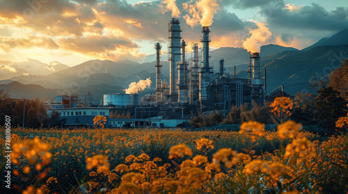 Illustrating the shift towards zero emissions, an industrial hydrogen fuel storage tank stands against the backdrop of a hydrogen power plant. photo