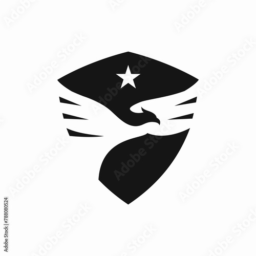 eagle shield logo design template. Eagle wing flight. Hawk shield wings icon. Flying bird emblem. Vector illustration.