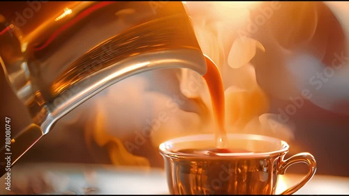 Steaming coffee poured into a cup from a steel moka of espresso coffee maker.  Slow motion. photo