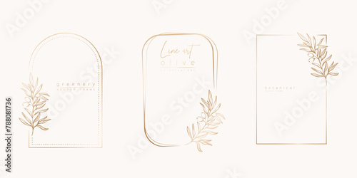 Botanical line art illustration set of olive leaves, branch frames for wedding invitation and cards, logo design, web, social media and posters template. Elegant minimal style floral vector isolated.