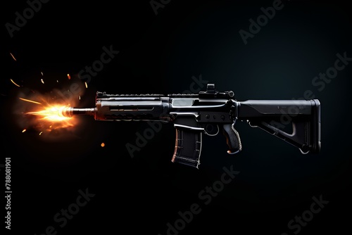 firing assault riffle shooting firepower bullets isolated on black background for special operations and tactical team concepts as banner with copyspace area.