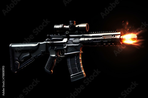 firing assault riffle shooting firepower bullets isolated on black background for special operations and tactical team concepts as banner with copyspace area. photo