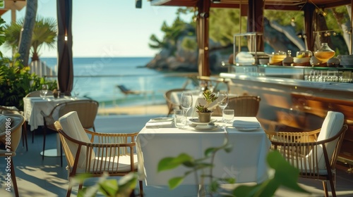 Fototapeta Naklejka Na Ścianę i Meble -  A table in a luxury outdoor restaurant on white cloth tables near the sea coast and a bar counter for serving drinks. Generative AI.