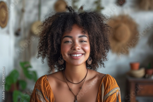 Happy young African American woman with afro hairstyle and natural makeup, portrait of black chubby girl with beautiful face, cozy home interior, domestic comfort