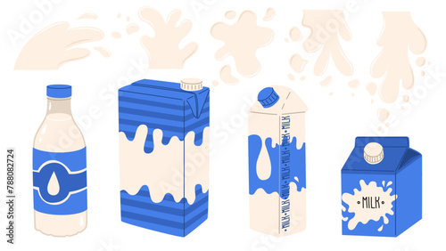 A set of packaging with dairy products and splashes of milk with drops. World Milk Day. Images for farmers and grocery stores. Vector illustration isolated on transparent background.
