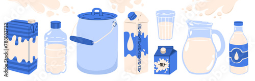 A set of packaging with dairy products and splashes of milk with drops. World Milk Day. Images for farmers and grocery stores. Vector illustration isolated on transparent background.