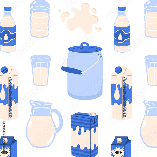 Seamless pattern with dairy products and splashes of milk with drops. World Milk Day. Images for farmers and grocery stores. Vector illustration isolated on transparent background.